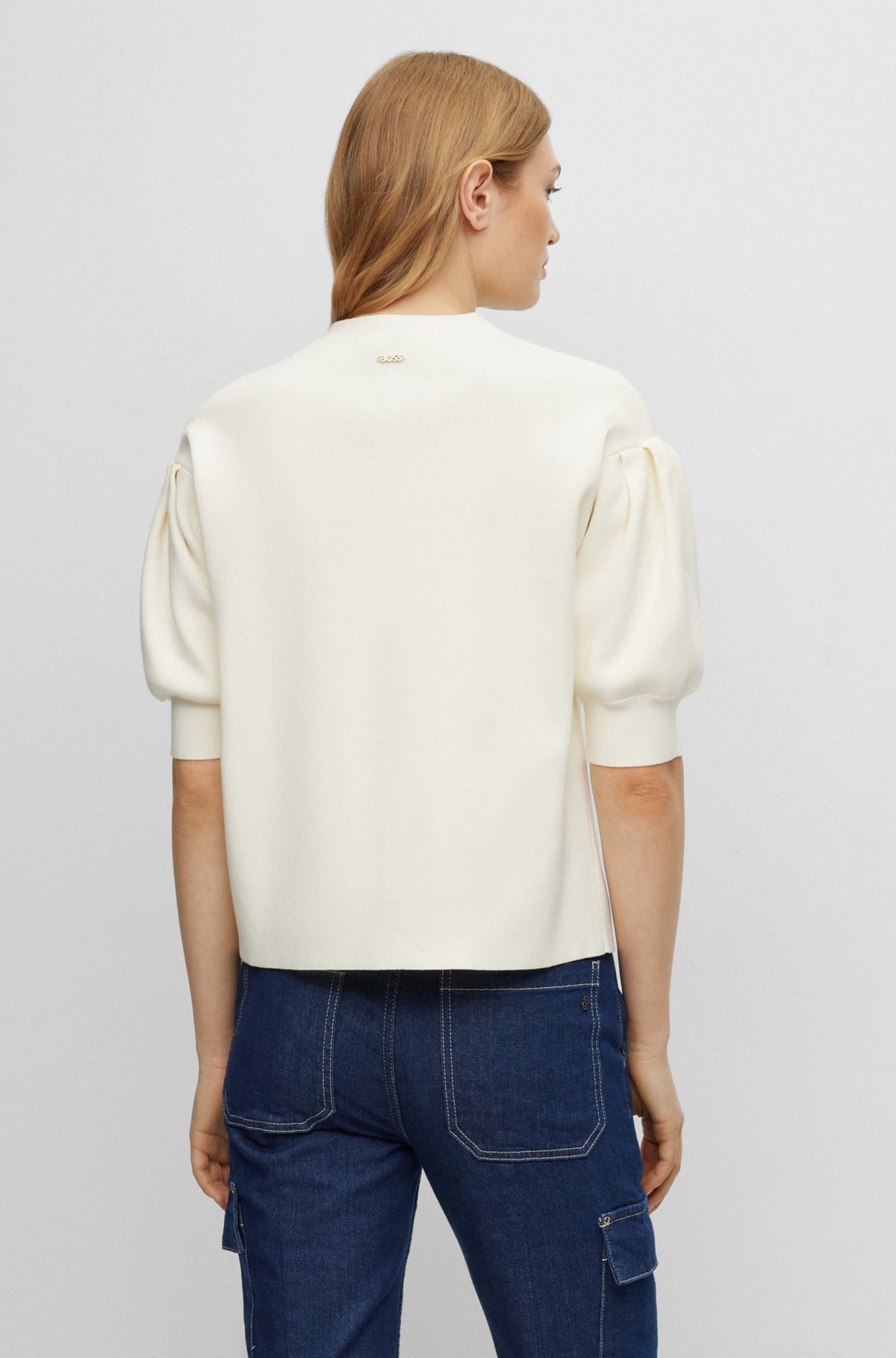 V-neck sweater with puff sleeves, White