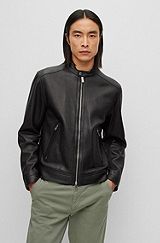 Regular-fit jacket in lamb leather with stand collar, Black