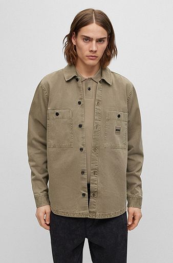 Oversized-fit overshirt in cotton twill with logo, Dark Green