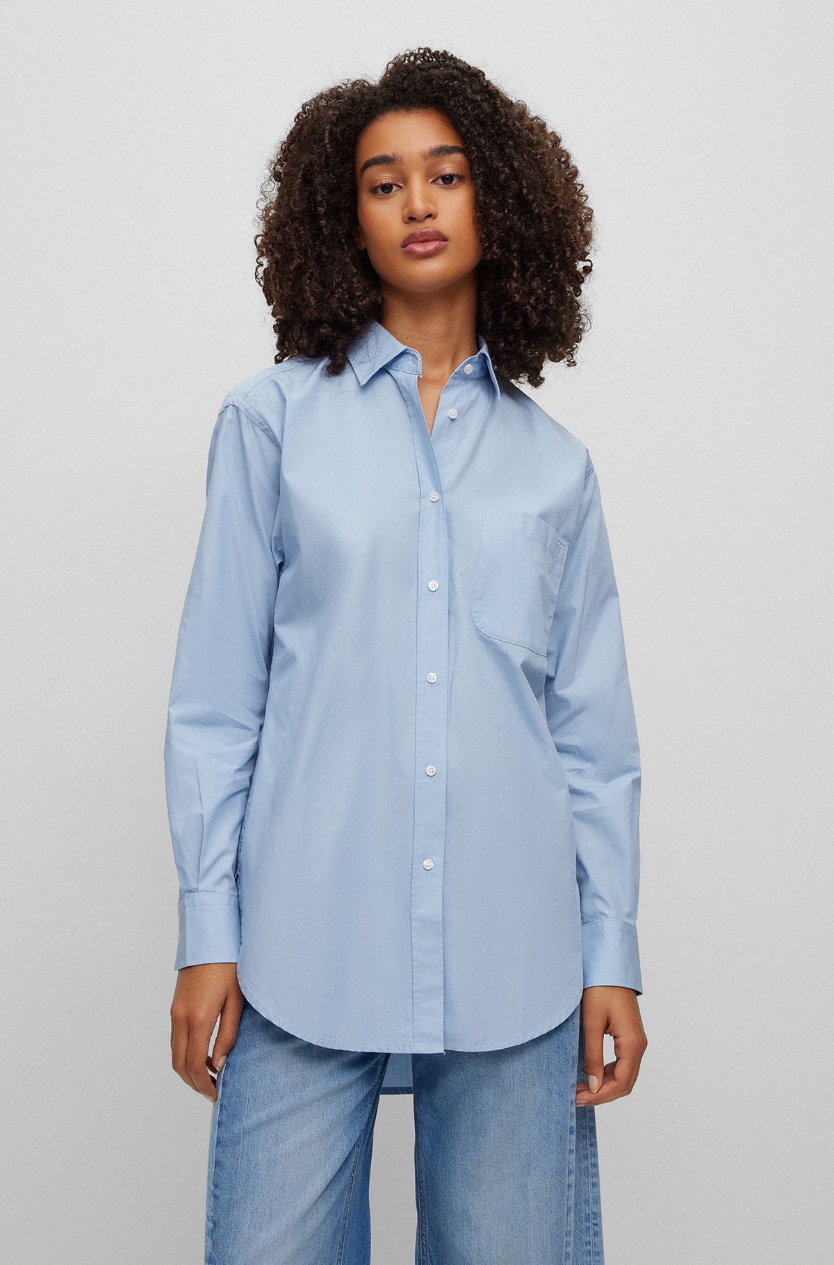 Relaxed-fit blouse in organic cotton with embroidered logo, Light Blue