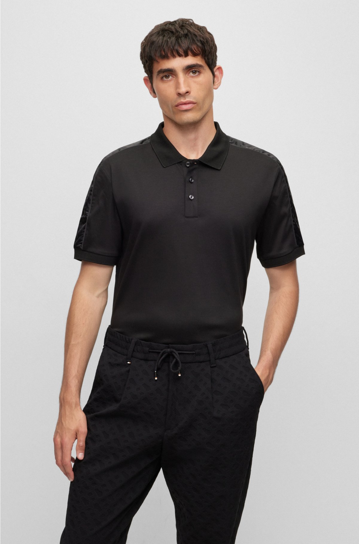 BOSS - Mercerised-cotton polo shirt with monogram-jacquard trim