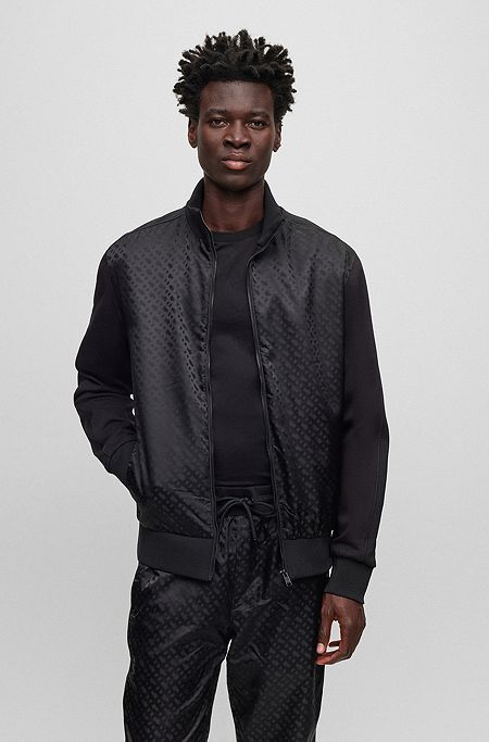 Zip-up sweatshirt in mixed materials with monogram details, Black