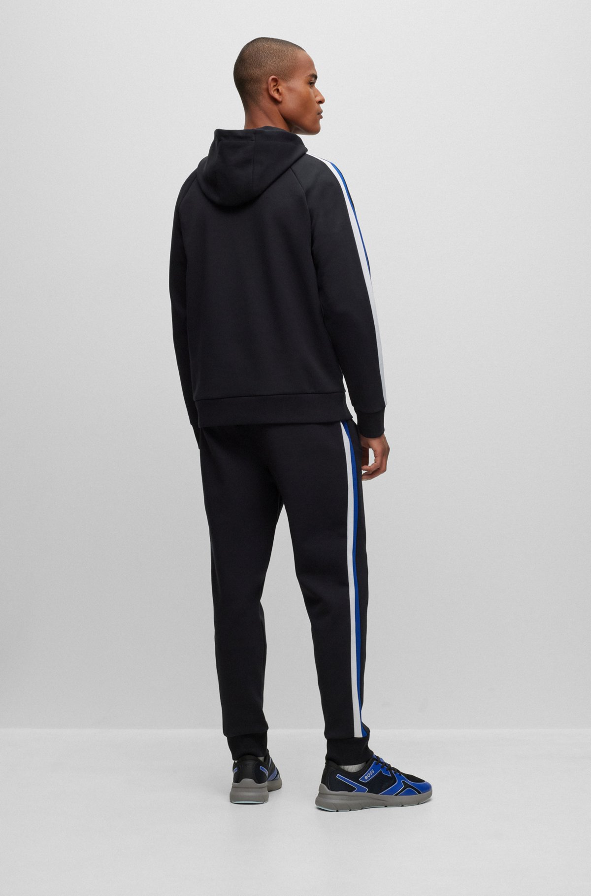 Cotton-blend regular-fit tracksuit with striped tape, Black