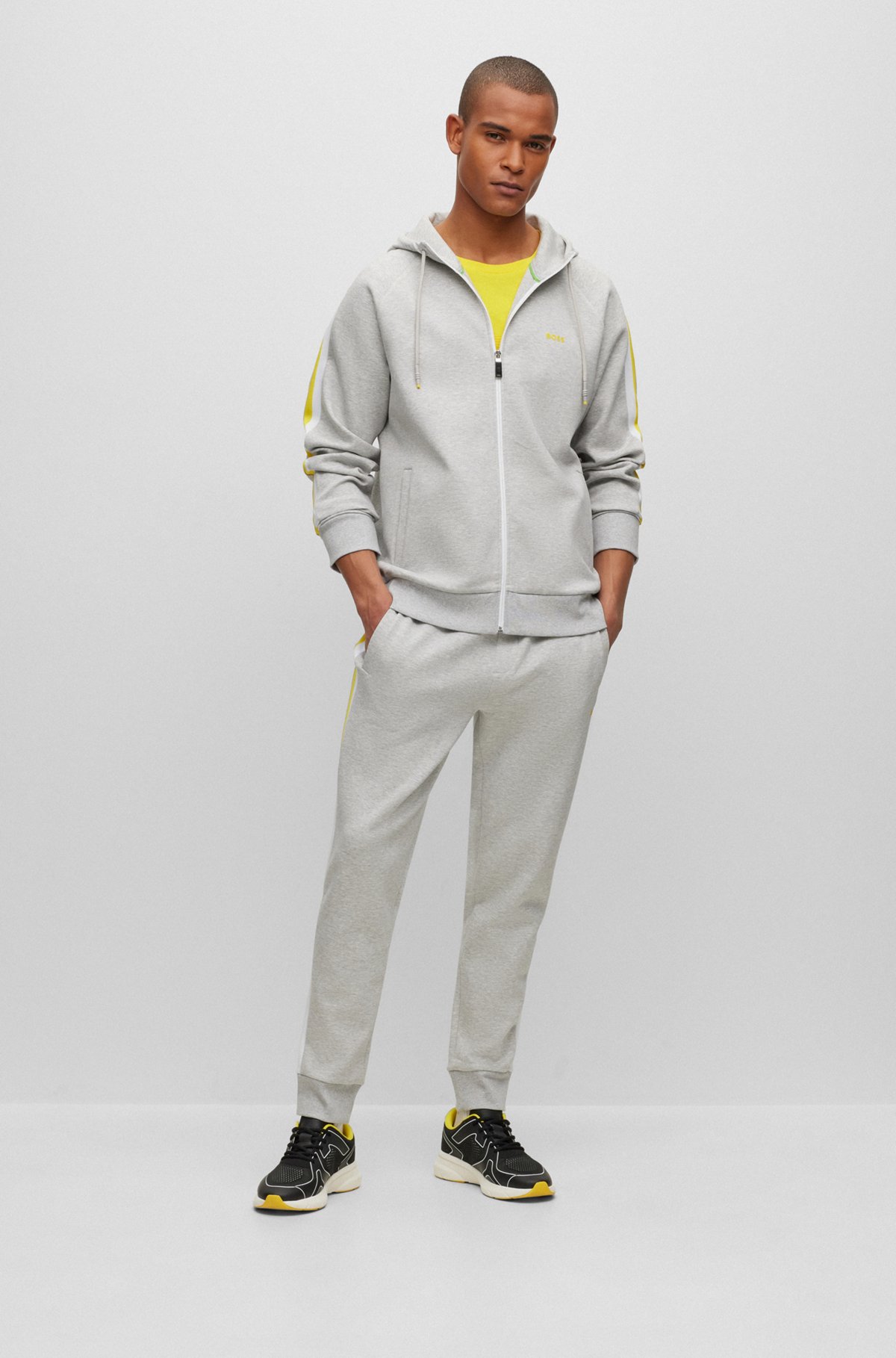 Cotton-blend regular-fit tracksuit with striped tape, Light Grey