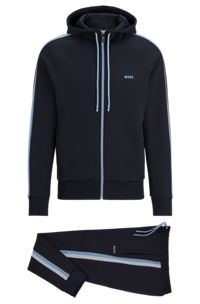 Cotton-blend regular-fit tracksuit with striped tape, Dark Blue