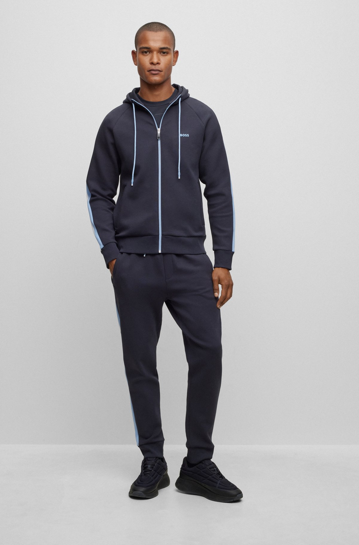 Cotton-blend regular-fit tracksuit with striped tape, Dark Blue