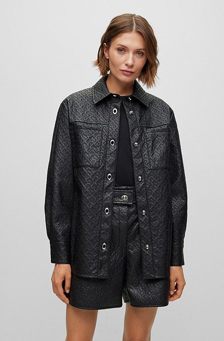 Regular-fit blouse in monogram-embossed faux leather, Black