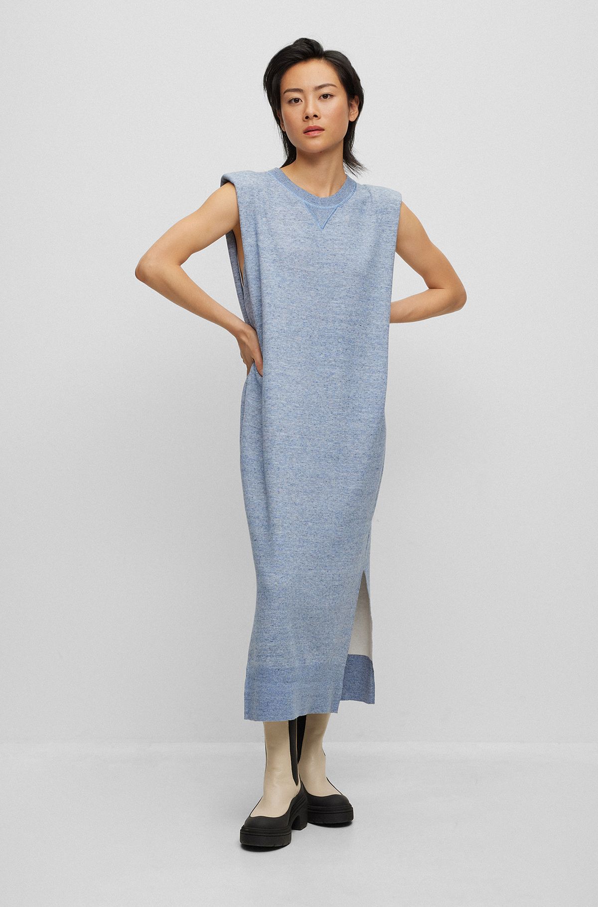 Sleeveless knitted sweatshirt-style dress in melange fabric, Light Blue