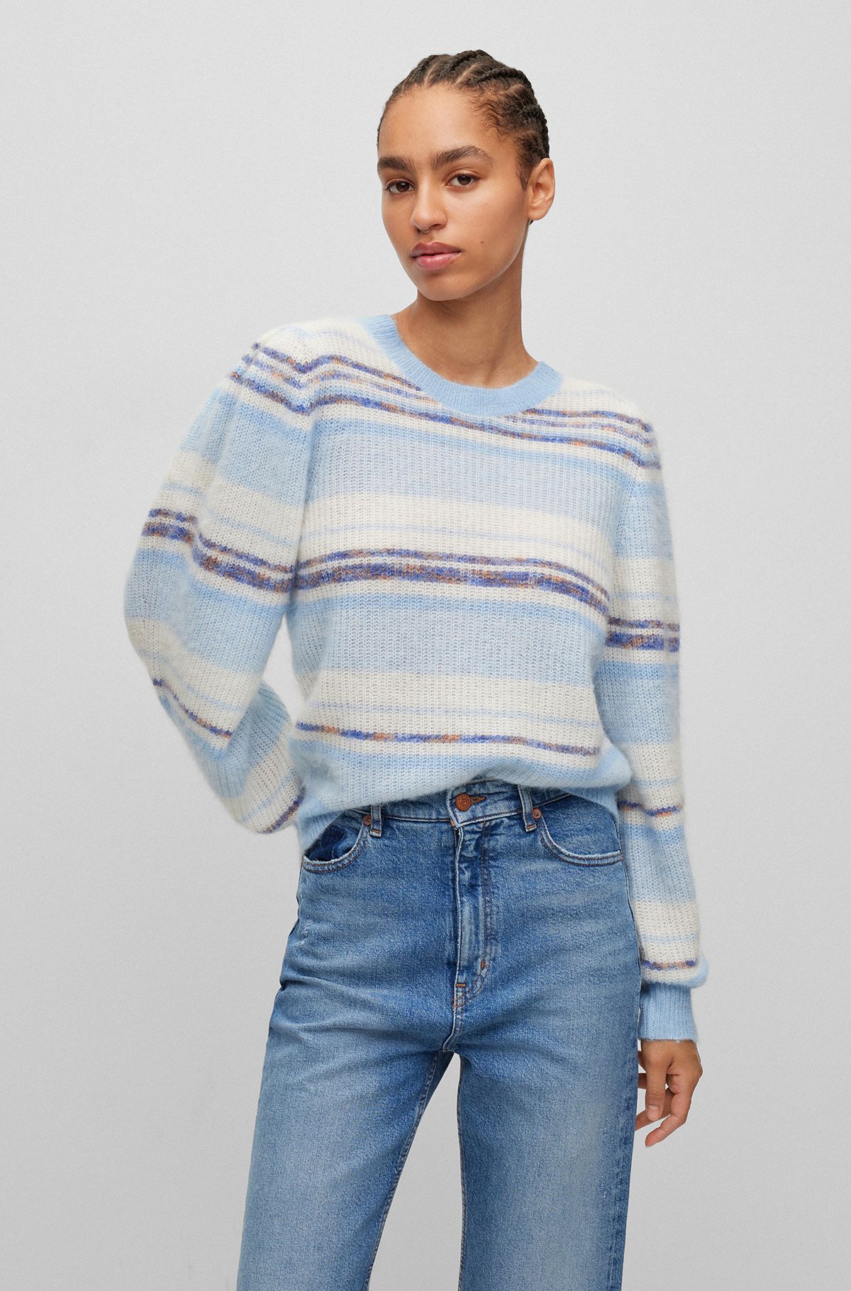 Puff-sleeve sweater with horizontal stripes, Patterned