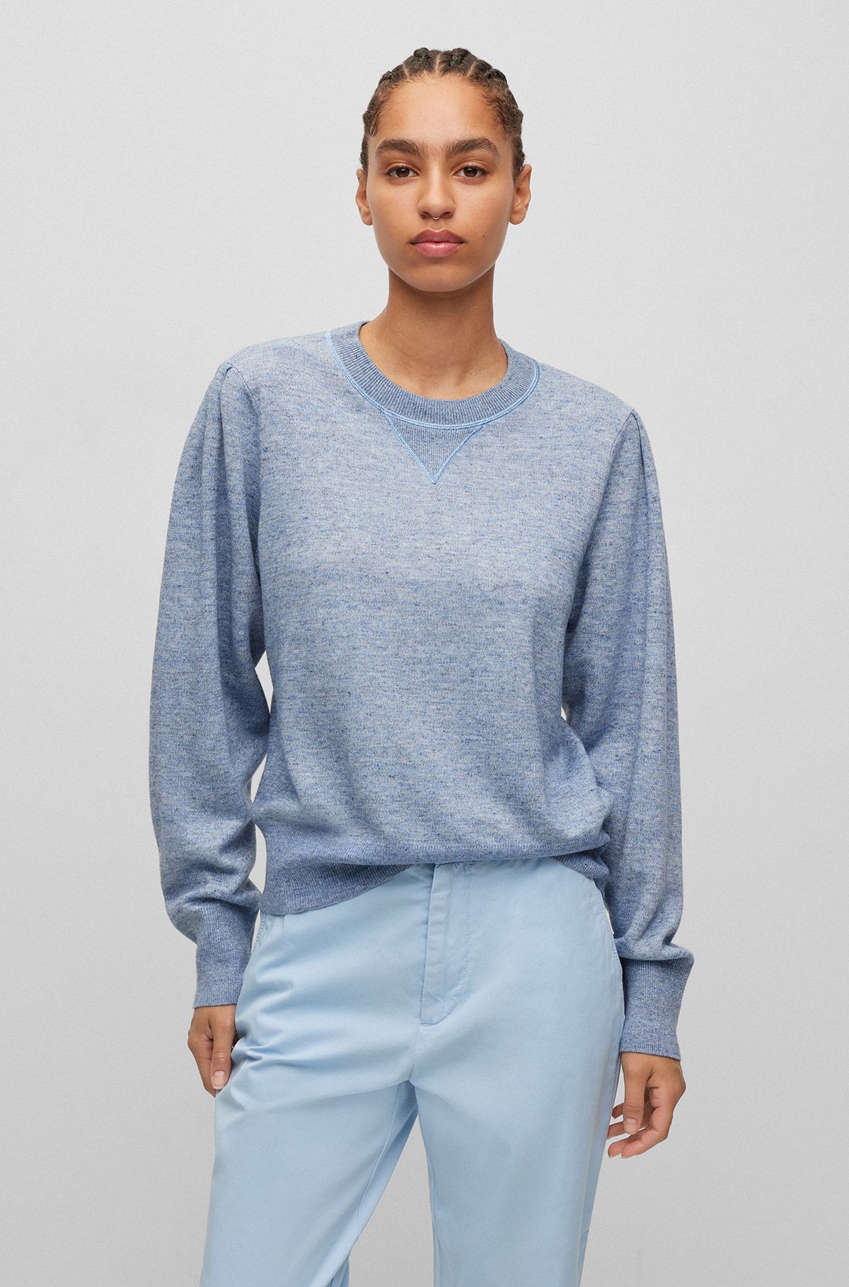Melange sweater with puff sleeves, Blue