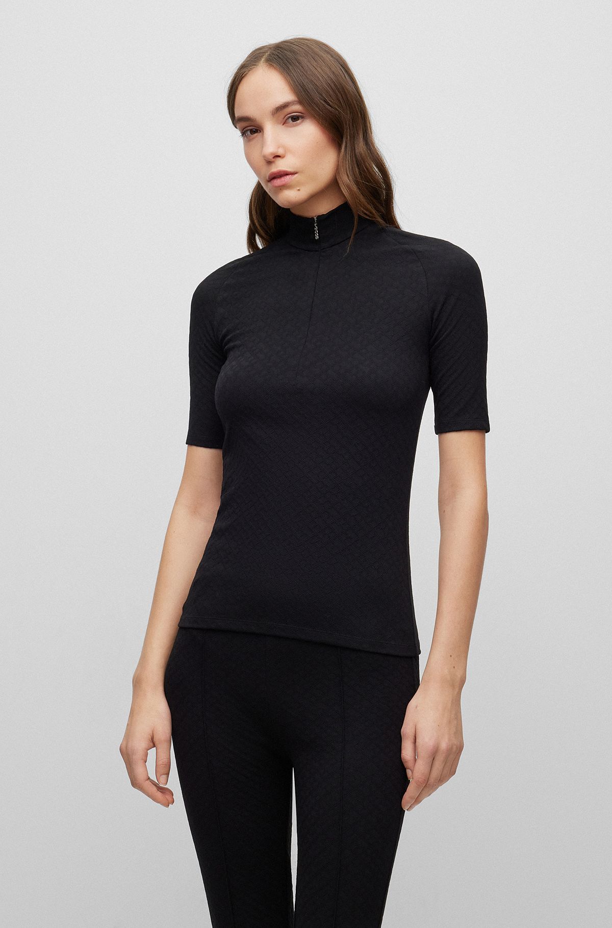 Extra-slim-fit top with zipped collar, Black