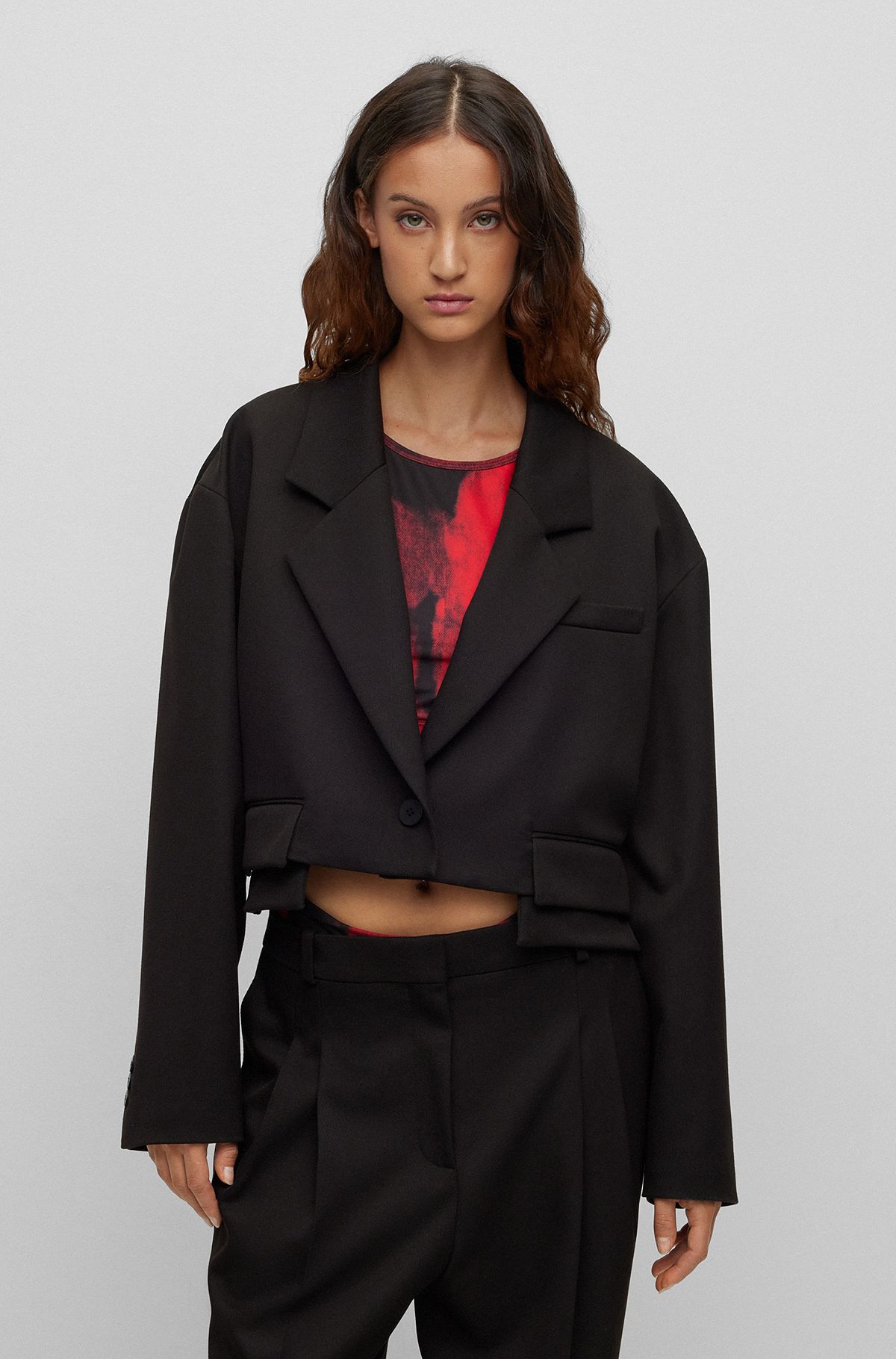 Oversized-fit cropped jacket in stretch gabardine, Black