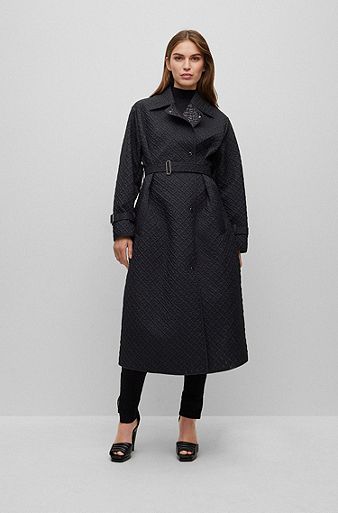 Waterafstotende mantel met logostiksels en verstelbare riem, Zwart