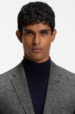 Regular-fit jacket in a herringbone wool blend, Black Patterned