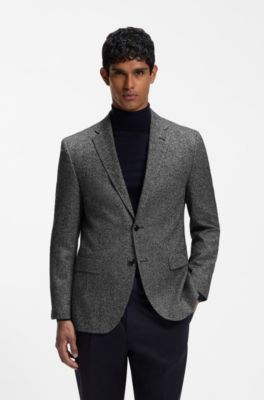 Regular-fit jacket in a herringbone wool blend, Black Patterned