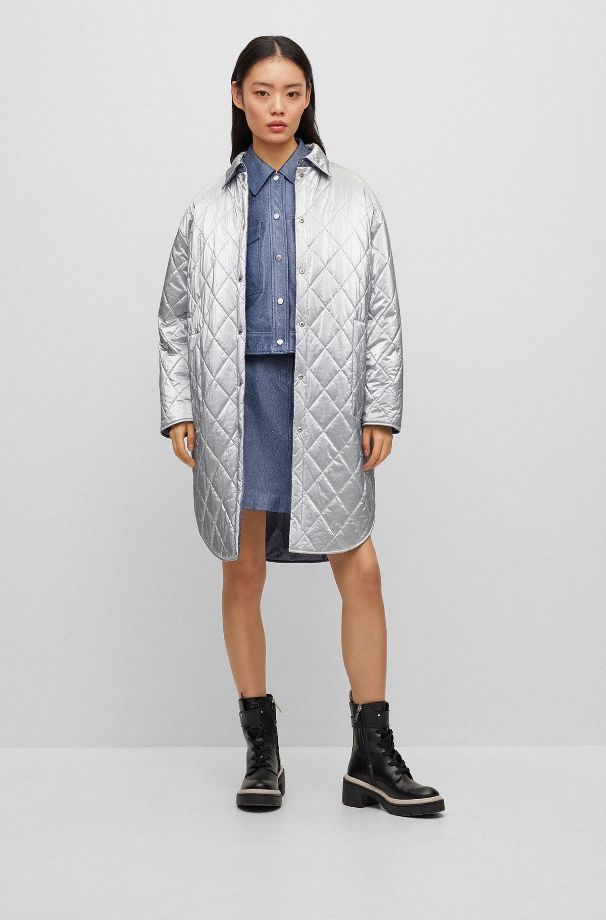 Reversible padded jacket with denim and silver effects, Silver