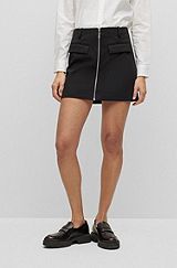 Jersey mini skirt with front zip and branded puller, Black