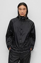 Water-repellent hooded jacket with monogram jacquard, Black