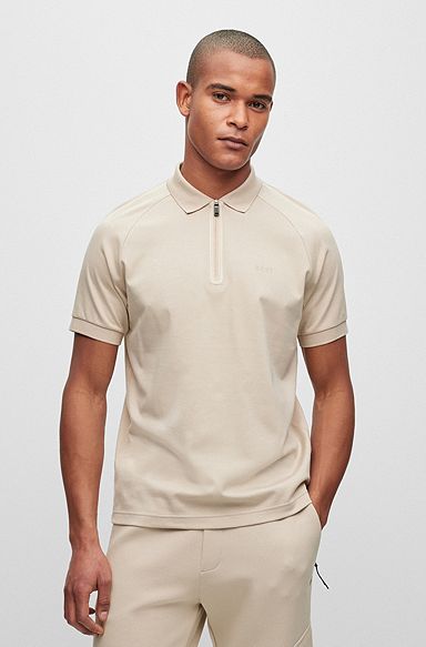 Interlock-cotton polo shirt with gloss-trim zipped placket, Beige