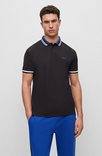 Cotton-piqué polo shirt with ribbed striped trims, Black