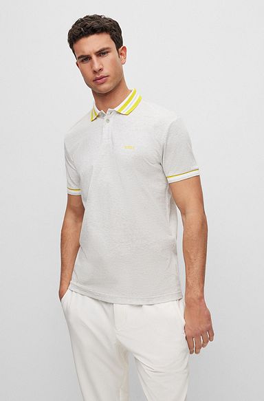 Cotton-piqué polo shirt with ribbed striped trims, Light Grey