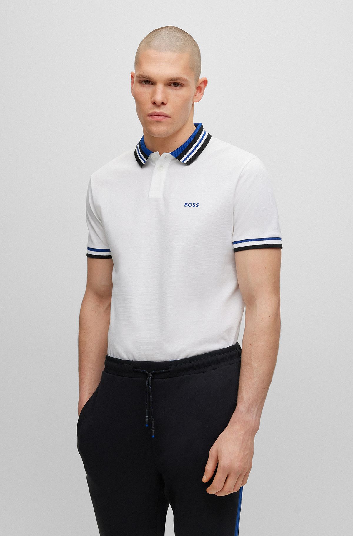 Cotton-piqué polo shirt with ribbed striped trims, White