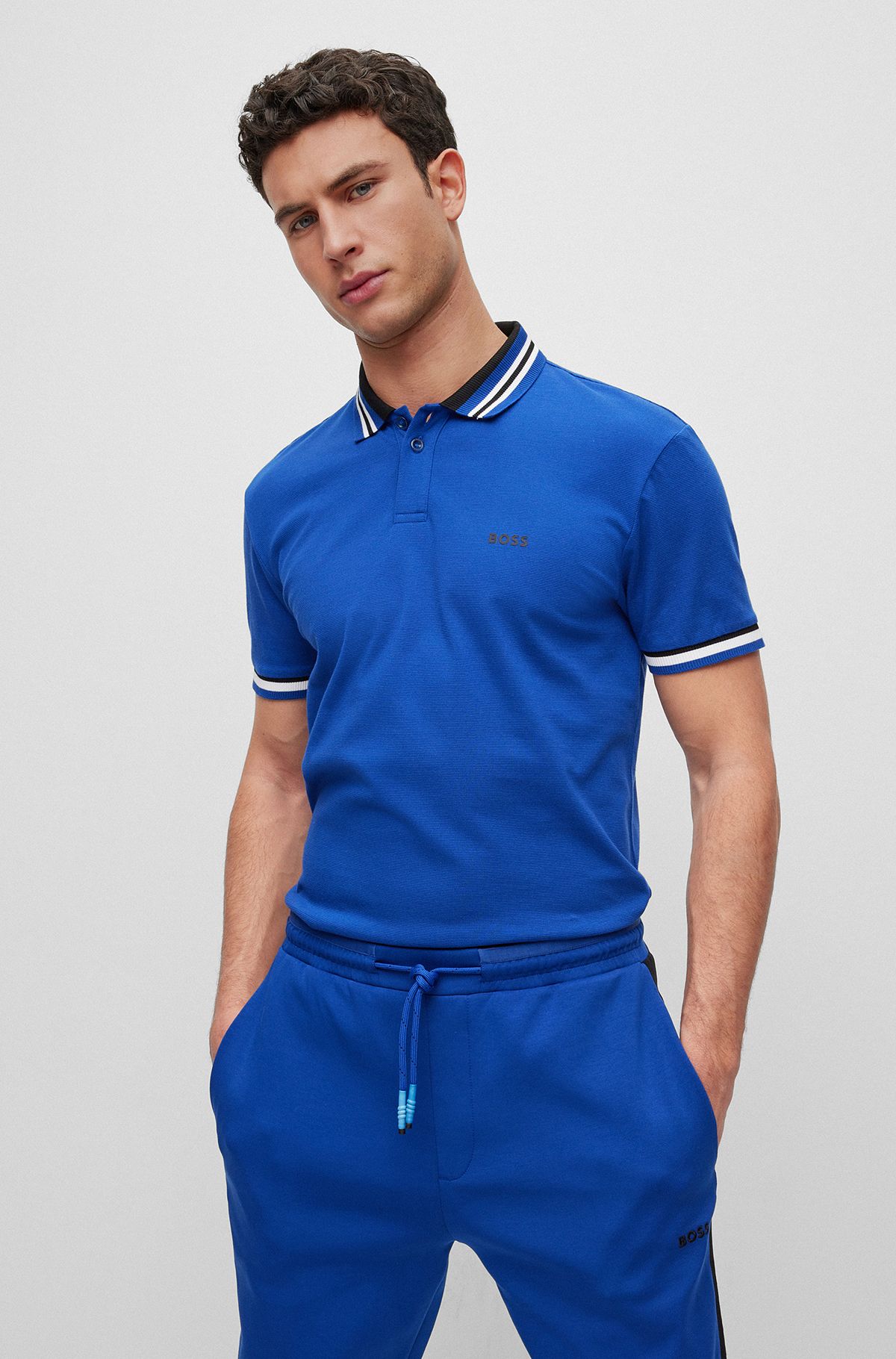 Cotton-piqué polo shirt with ribbed striped trims, Blue