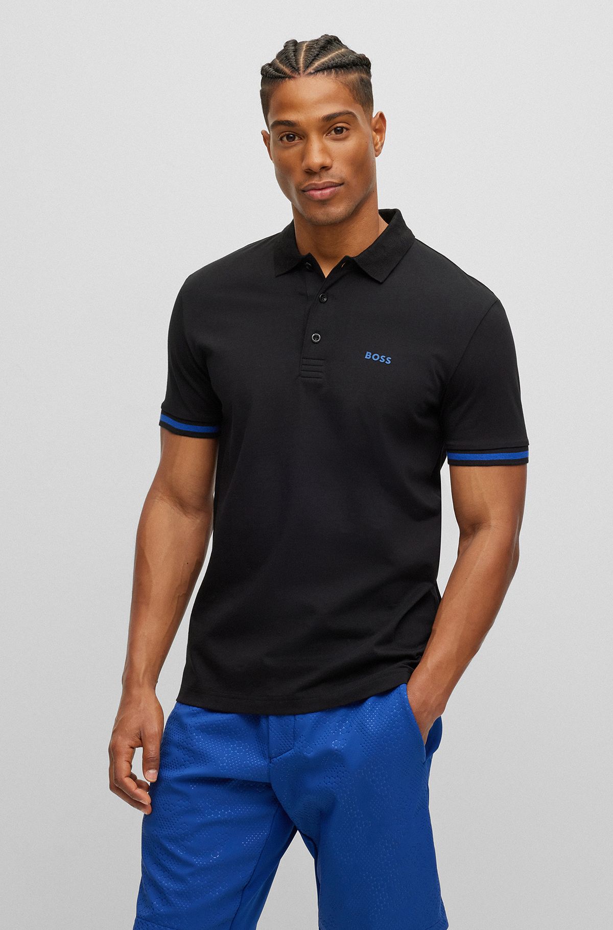Cotton-jersey polo shirt with jacquard collar, Black