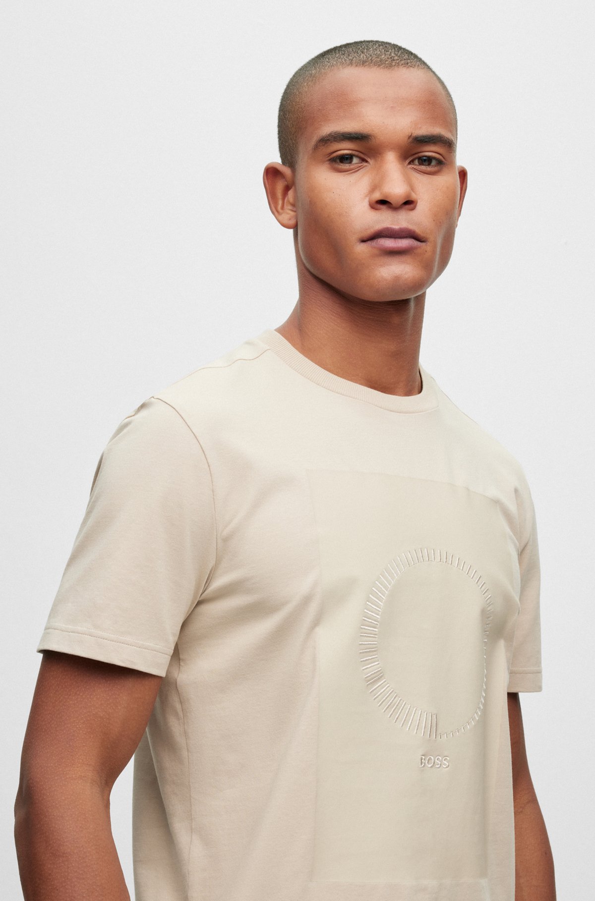 T-shirt in cotone elasticizzato con grafica stampata e ricamata, Beige