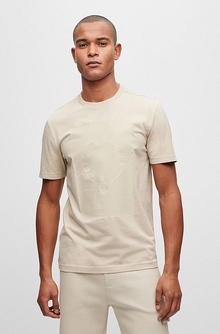 Stretch-cotton T-shirt with printed and embroidered artwork, Beige