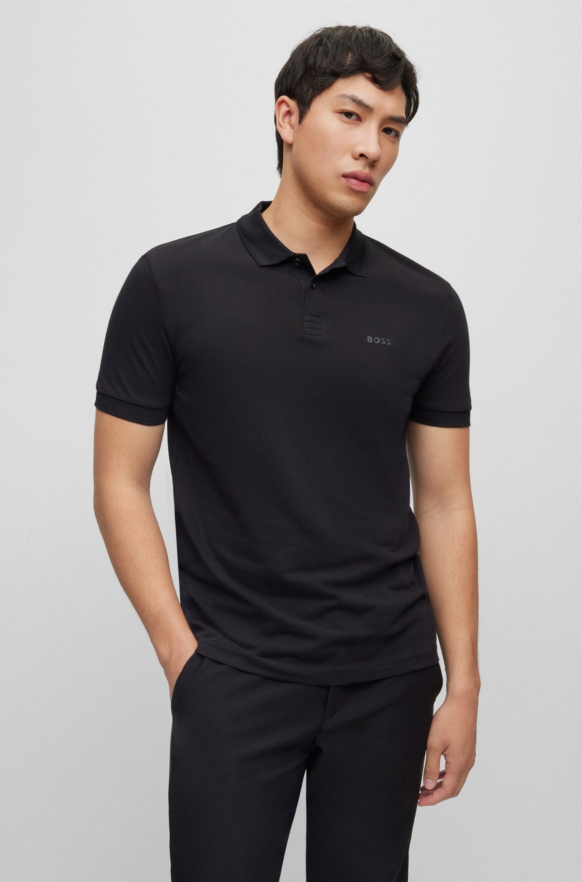 Cotton-piqué polo shirt with tonal logo, Black