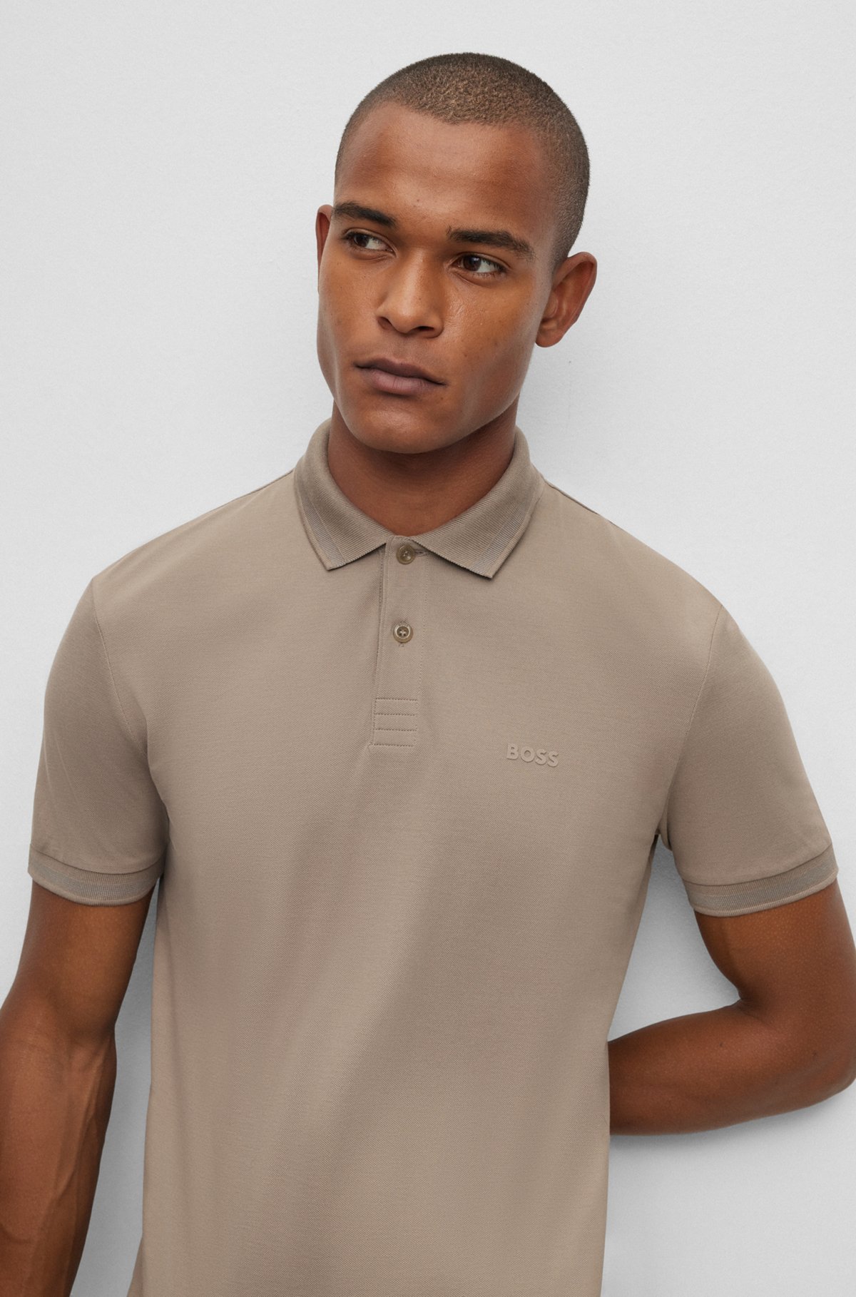 Cotton-piqué polo shirt with tonal logo, Light Brown