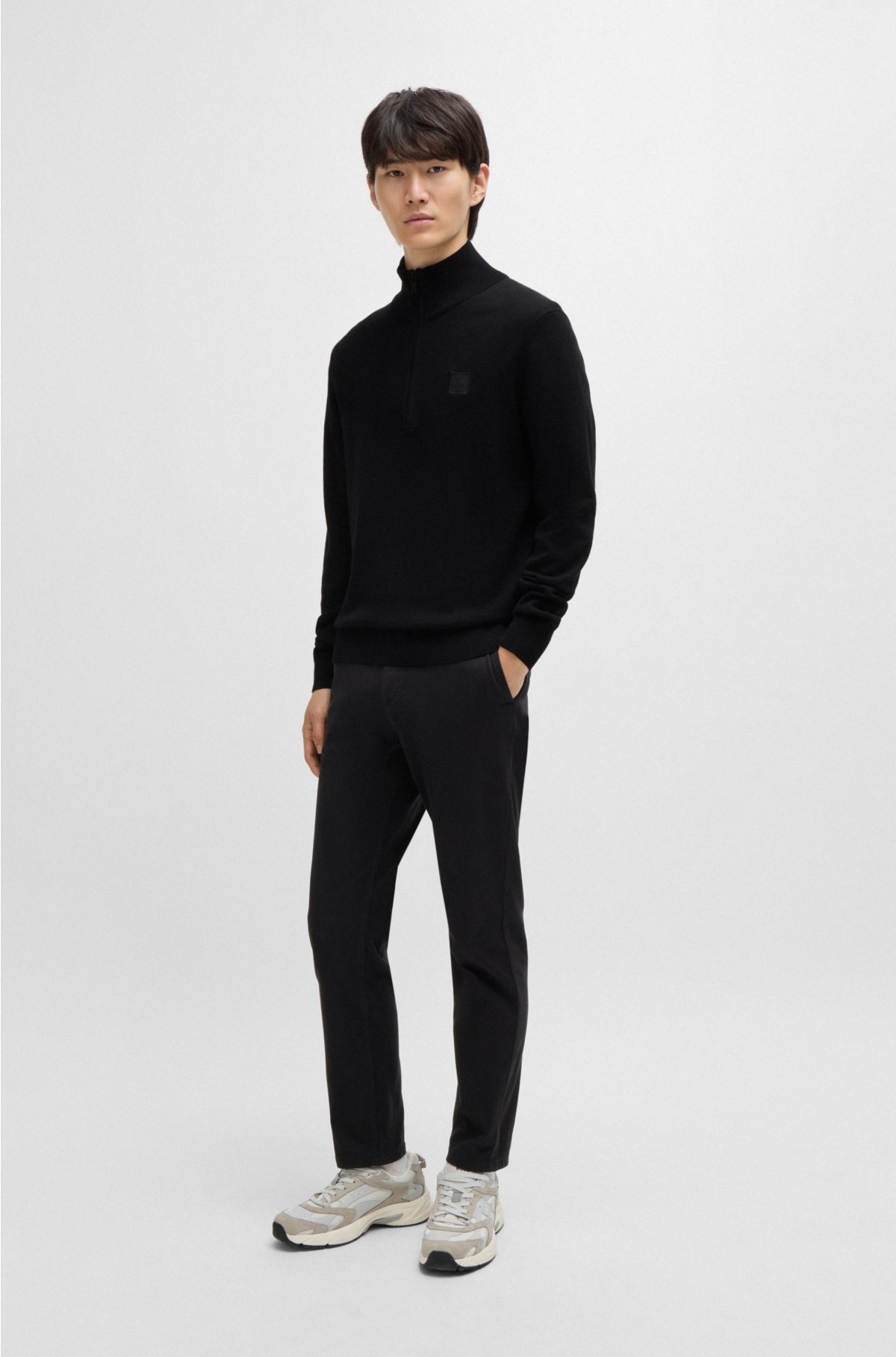Zip-neck knitted sweater in cotton and cashmere, Black