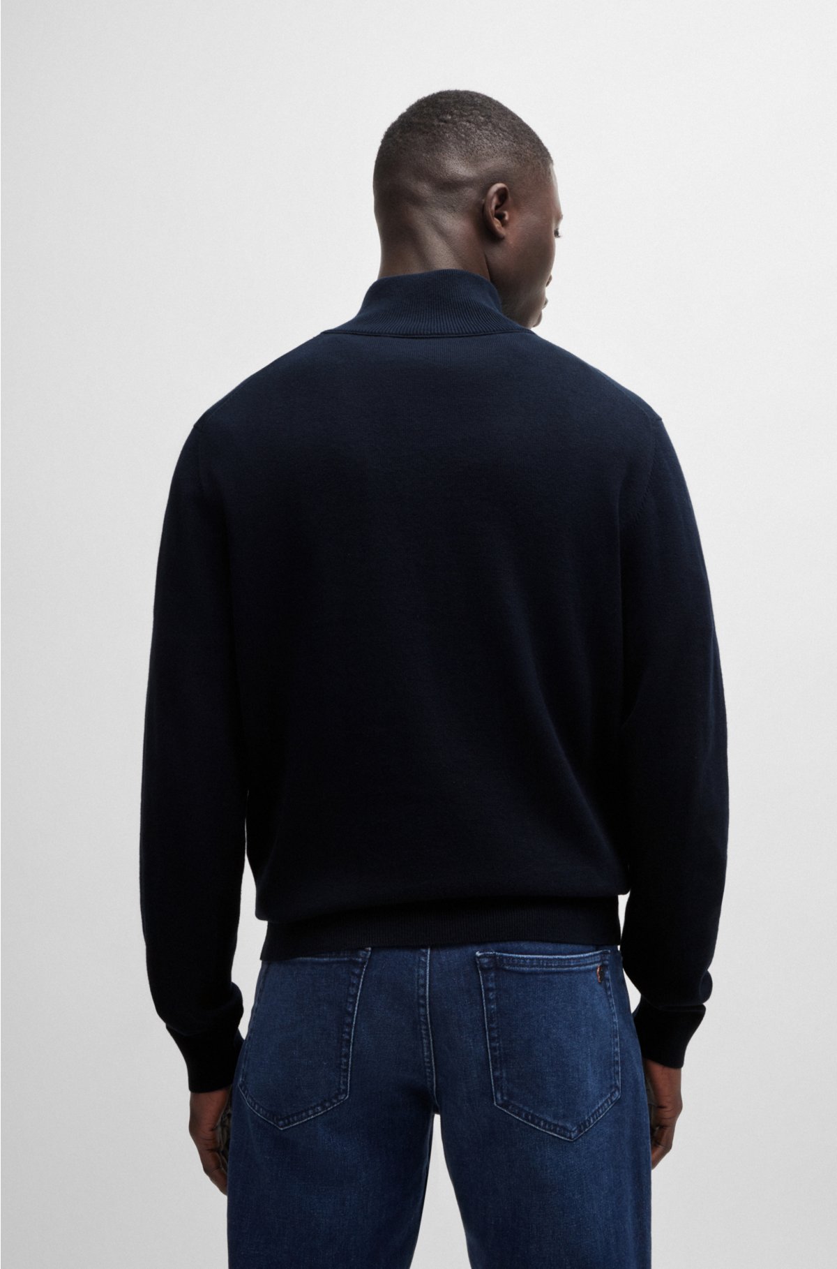 Zip-neck knitted sweater in cotton and cashmere, Dark Blue