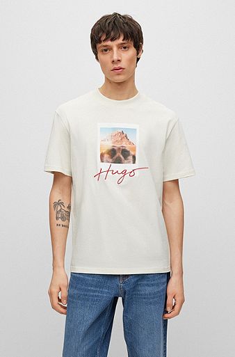 T-shirt van katoenjersey met dierenprint en logo, Lichtgrijs