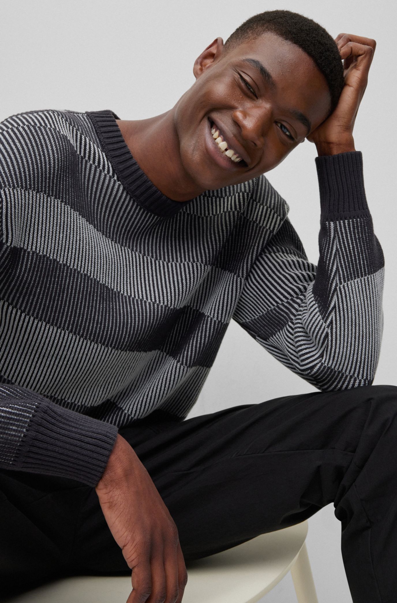 BOSS - Relaxed-fit cotton-blend sweater with blown-up stripe
