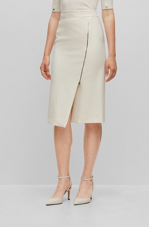 Pencil skirt in stretch fabric with asymmetric front zip, White