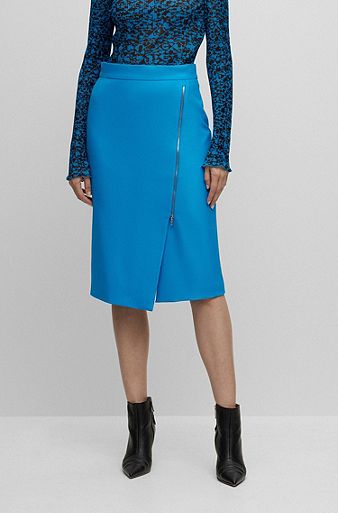 Pencil skirt in stretch fabric with asymmetric front zip, Turquoise