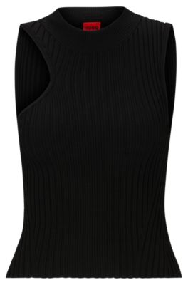 HUGO - Mock-neck ribbed-knit top with asymmetric detail