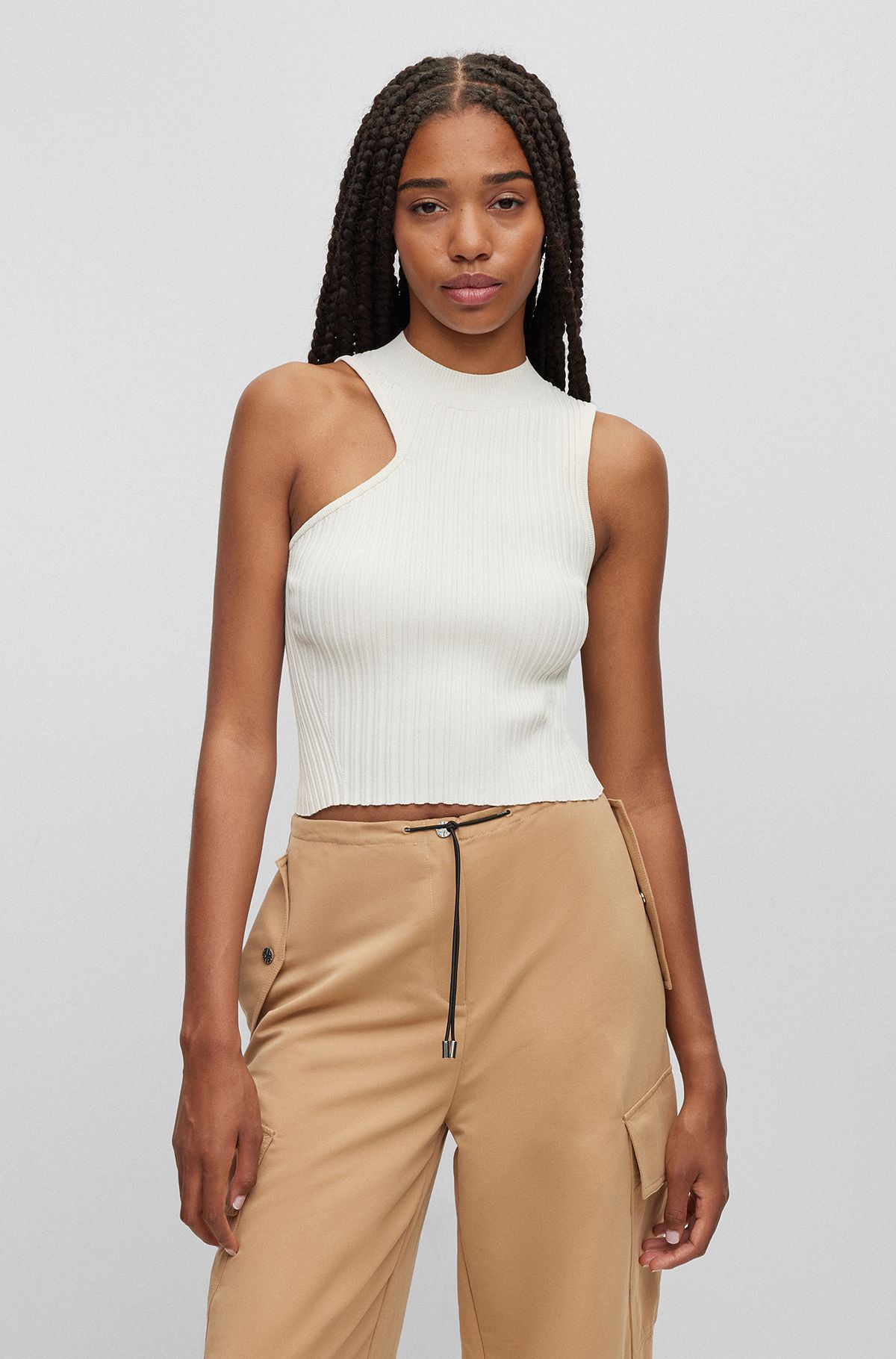 Mock-neck ribbed-knit top with asymmetric detail, White