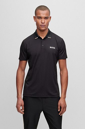 Drop-needle polo shirt with contrast logos, Black