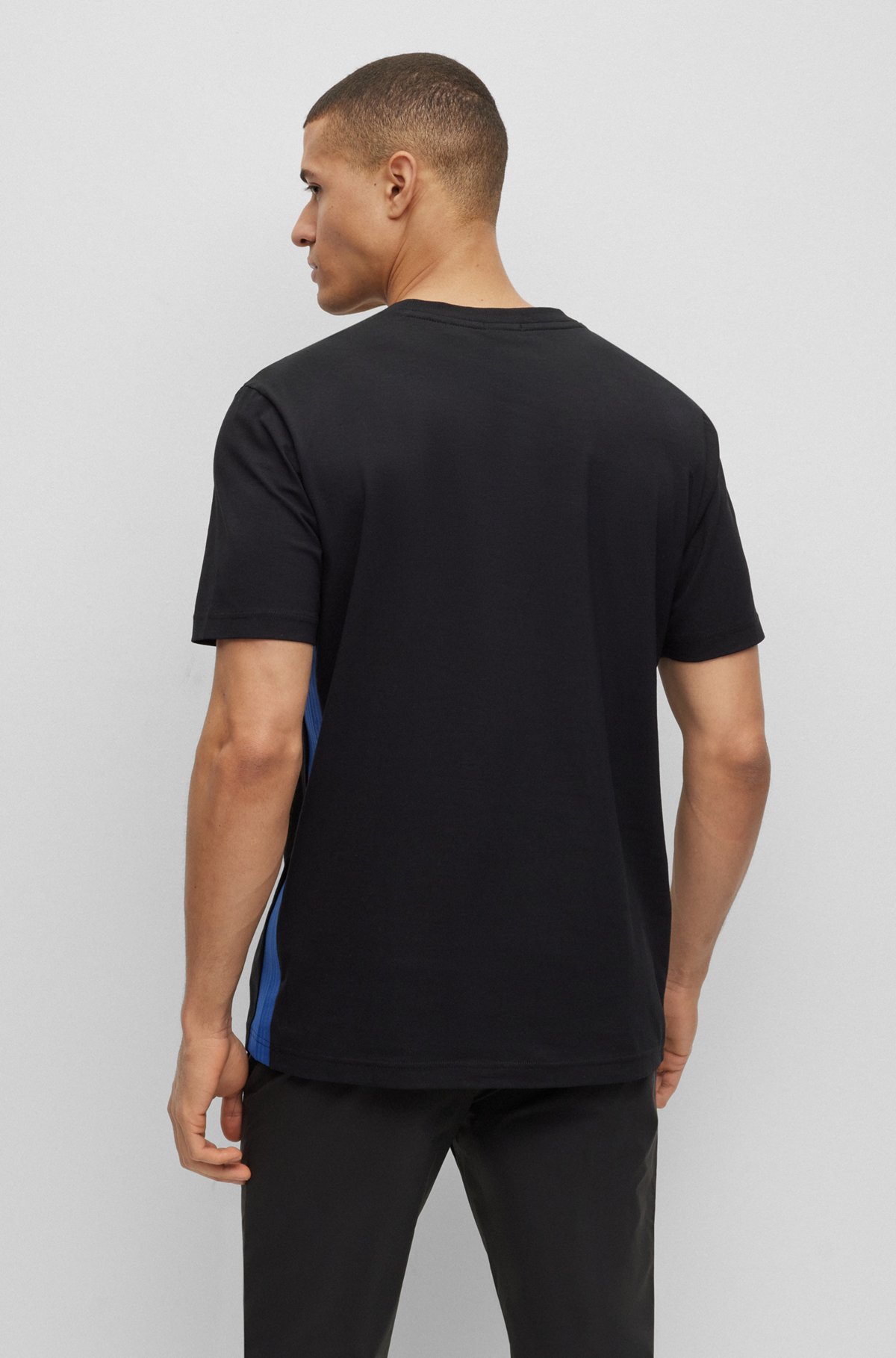 Regular-fit T-shirt in stretch cotton with side tape, Black