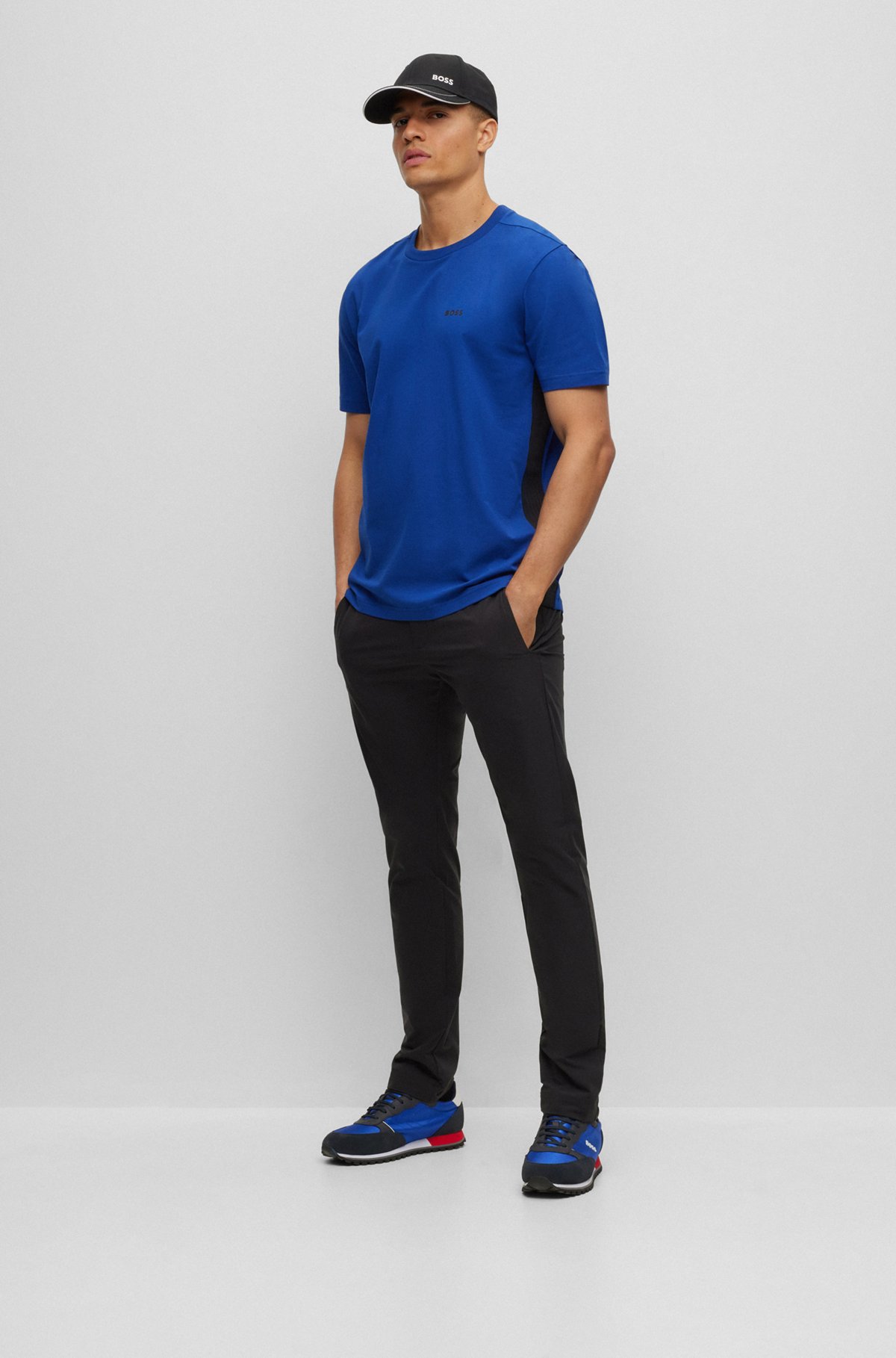 Regular-fit T-shirt in stretch cotton with side tape, Blue