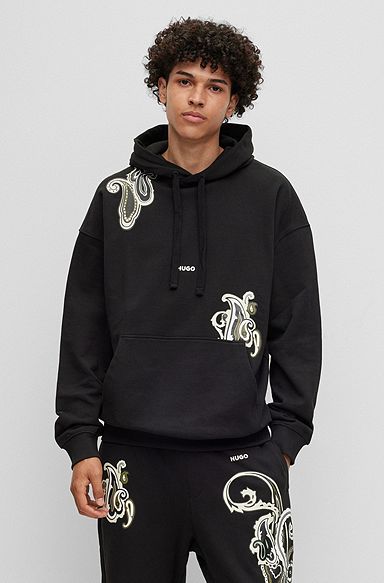 Relaxed-fit cotton hoodie with paisley motifs, Black