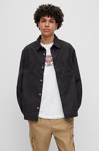 Oversized-fit overshirt in cotton twill with patch pockets, Black