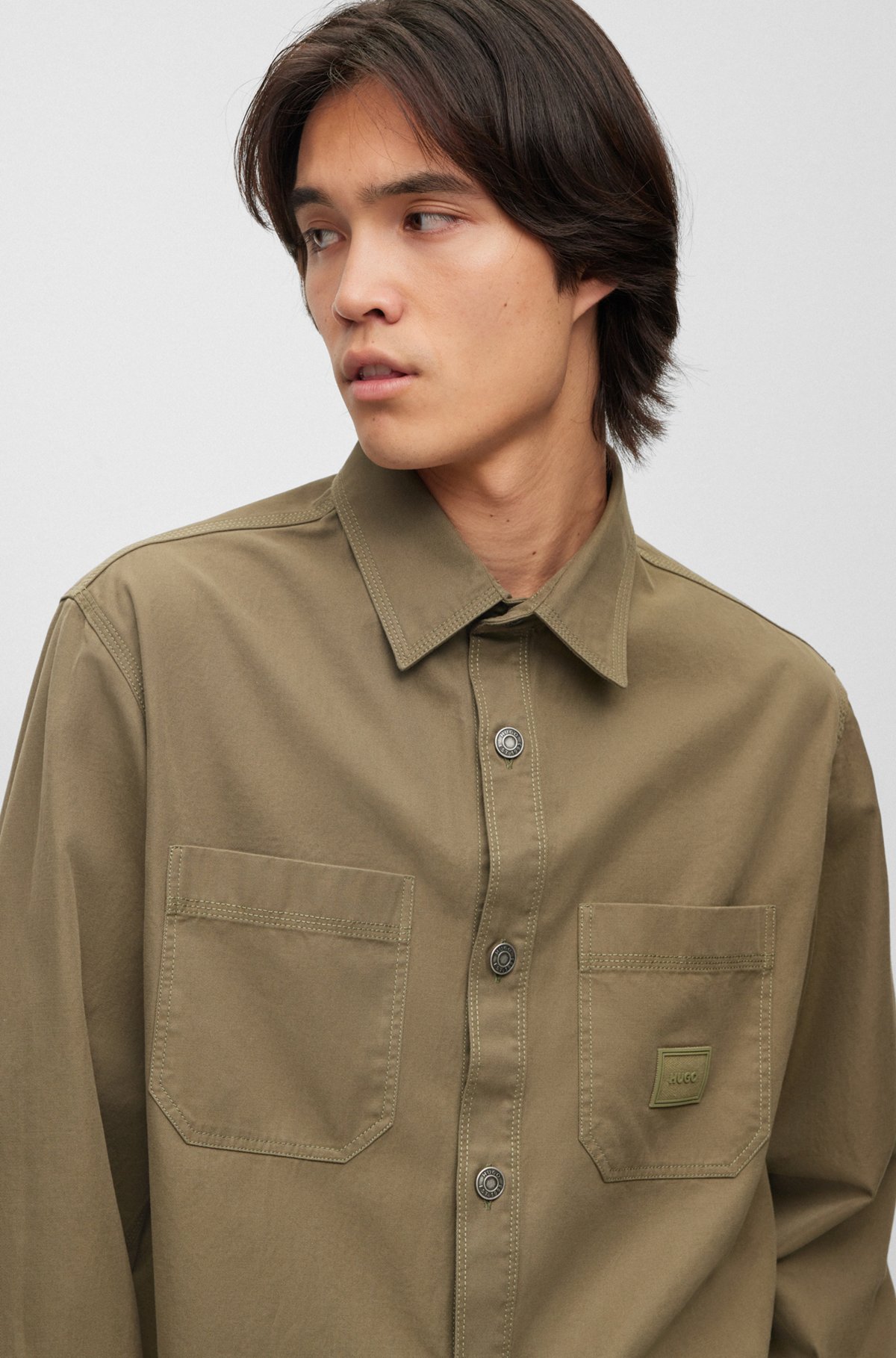 Oversized-fit overshirt in cotton twill with patch pockets, Dark Green