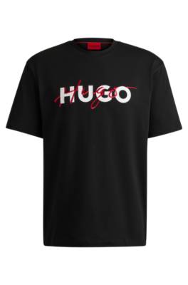 Hugo Cotton-jersey T-shirt With Double Logo Print In Black | ModeSens