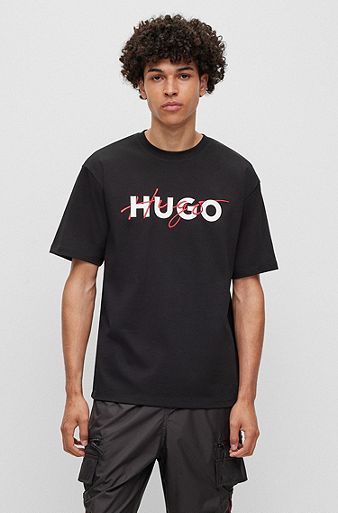 Cotton-jersey T-shirt with double logo print, Black