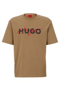 Cotton-jersey T-shirt with double logo print, Beige