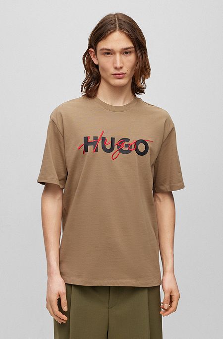 T-shirt van katoenen jersey met dubbele logoprint, Beige